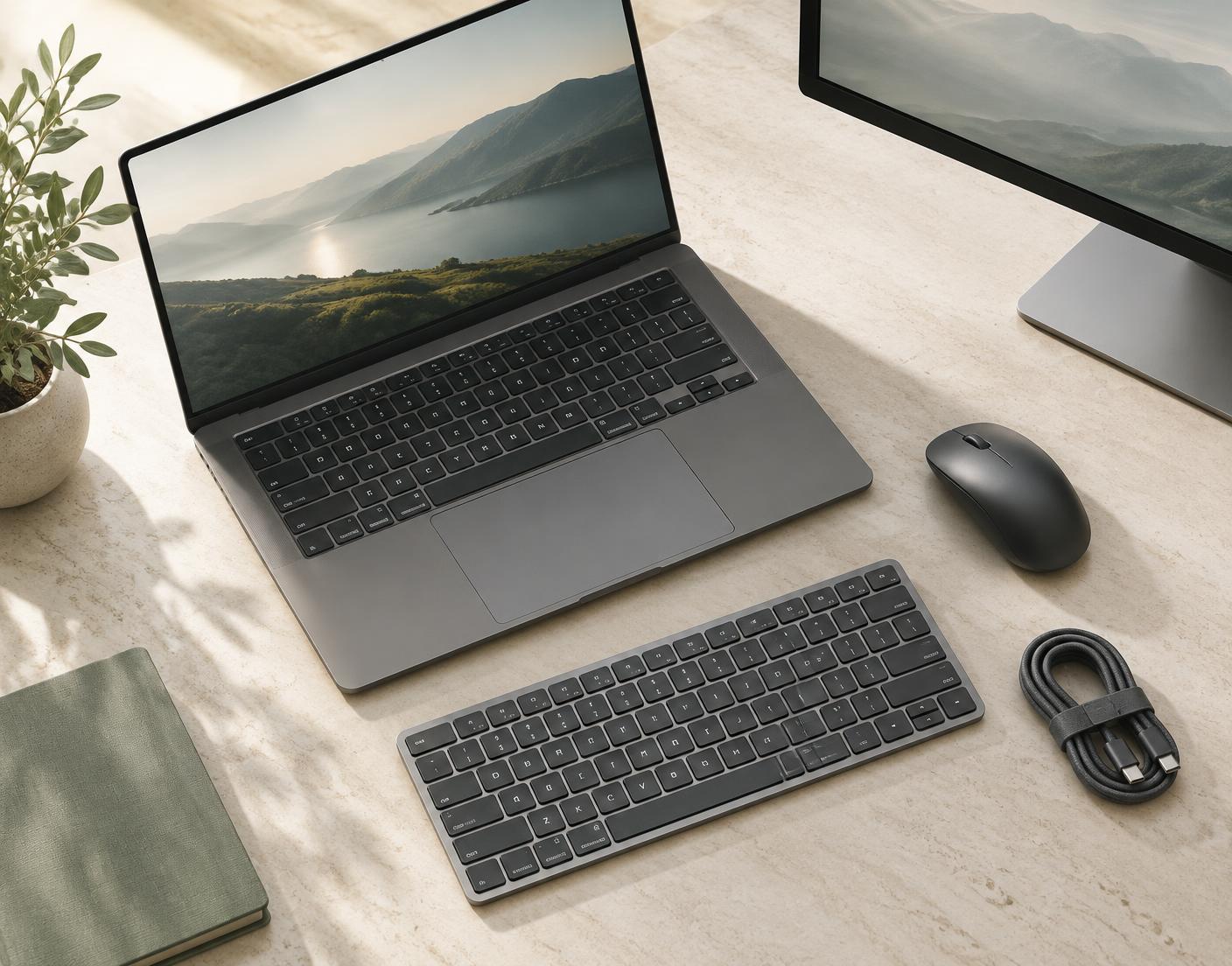 Laptop, monitor, keyboard and mouse arranged on a desk